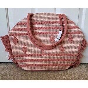 Shade & Shore Pink Beige Woven Fringe Tote Bag Boho Beach Travel Shoulder Purse